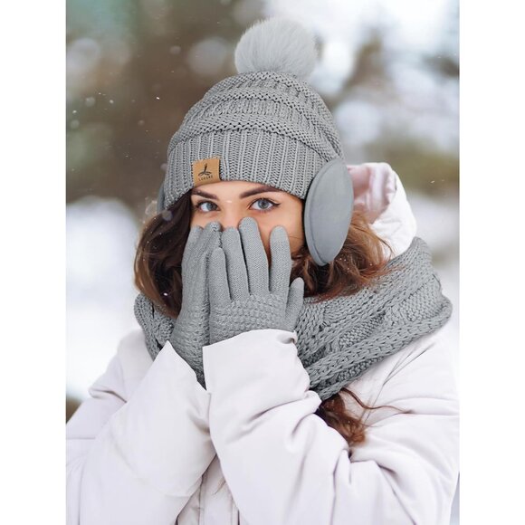 Women Light Gray Knit Beanie Hat, Gloves, Scarf & Ear Warmer Set - Winter - Picture 6 of 7
